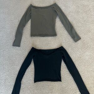 Brandy Melville Olive Green and Black Off-Shoulder Long Sleeve Tops